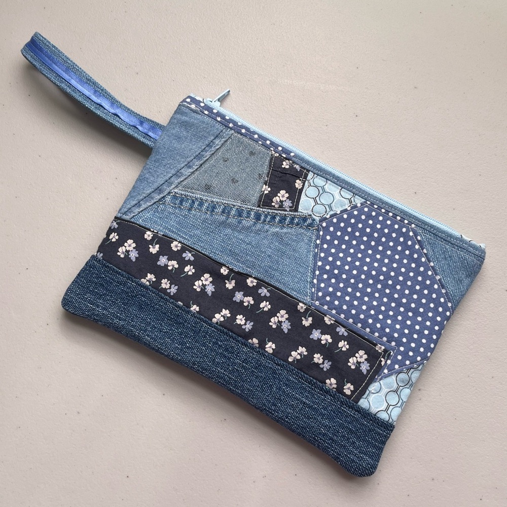 Handmade One Of A Kind Denim & Fabric Upcycled Patchwork Wallet Wristlet Clutch